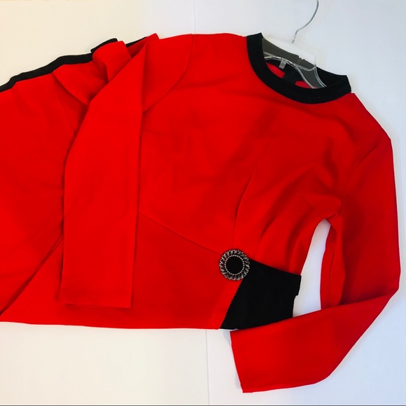 Vintage Red and Black Ladies Wrap Dress w/ Jewel - Picture 2 of 8